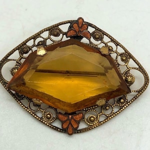 Ar Deco Czech Topaz Glass & Enamel Brooch Filigree Unique Shape Vintage Antique Jewelry