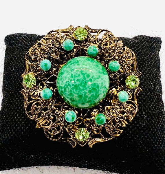 Czech Ornate Peking Glass Filigree Brooch Jade Gl… - image 2