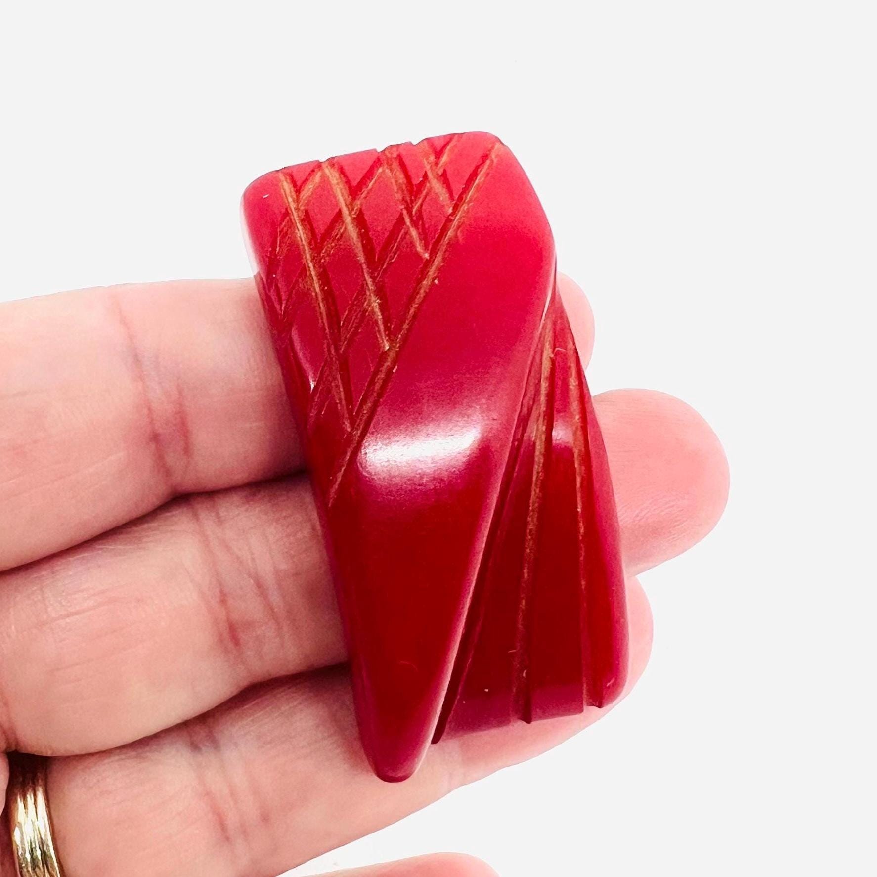 Art Deco Carved Cherry Red Bakelite Dress Clip Vintage 