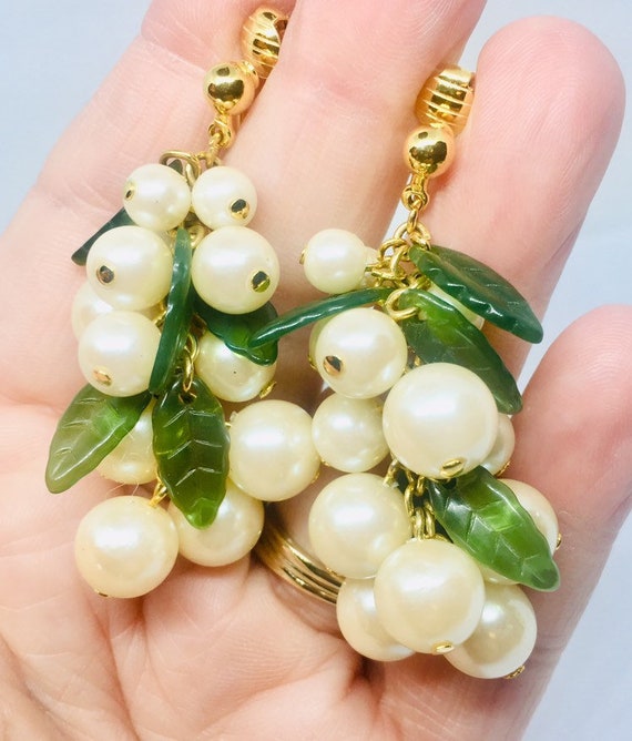 Long Faux Pearl & Jade Glass Dangle Earrings 2 1/2