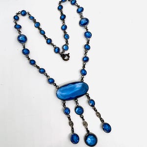 Art Deco Czech Bezel Set Blue Glass Beaded Necklace Vintage Antique Jewelry