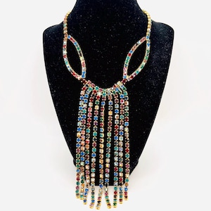 Fabulous Cascading Drippy Multicolored Rhinestone Bib Necklace Vintage Designer Jewelry