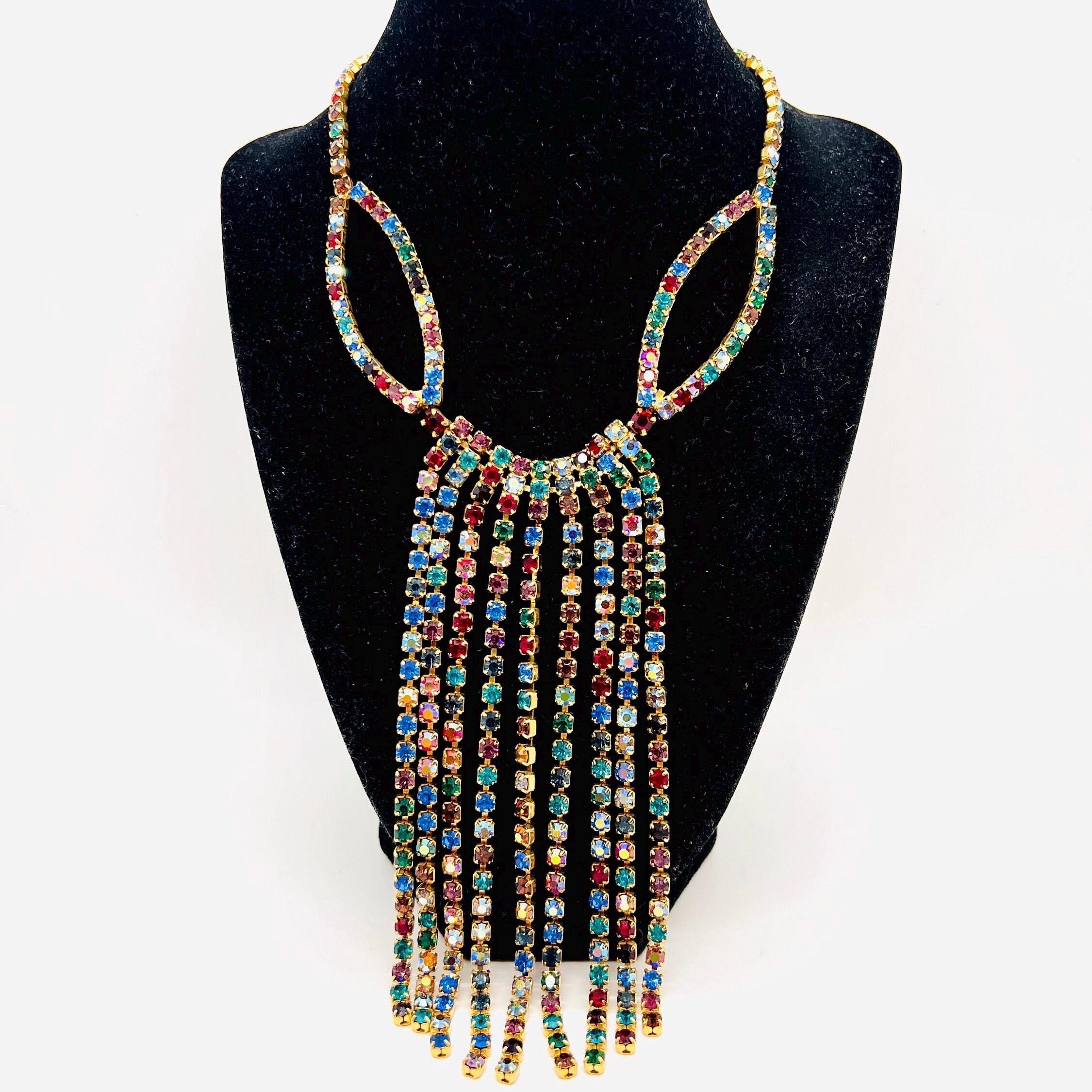 Fabulous Cascading Drippy Multicolored Rhinestone Bib Necklace Vintage Designer Jewelry