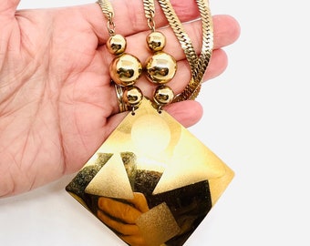 Large 80’s Gold Tone Embossed Geometric Design Necklace Vintage Designer Jewelry