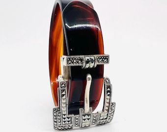 Judith Jack Leather Belt with Black Marcasite Stones (L) Judith Jack Sterling Silver 925 Buckle Marcasite Snake Print  main image 4
