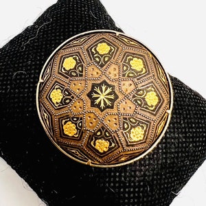 Round Domed Damascene Toledo Brooch Trombone Clasp Vintage Jewelry