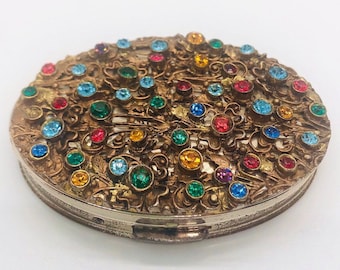 DORSET 5th AVE Oval Rhinestone Powder Compact Ornate Filigree Make Up Vintage Vanity