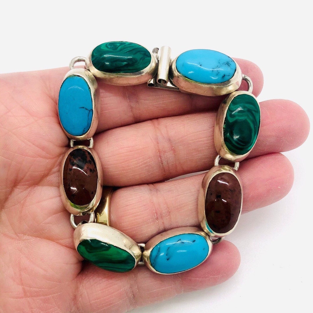Chunky Sterling Silver Taxco Gemstone Inlay Bracelet Mexico Chunky Sterling Silver Taxco Gemstone Inlay Bracelet Mexico
