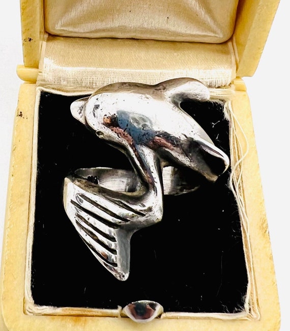 Large Taxco Mexico Sterling Silver Dolphin Ring 1… - image 1