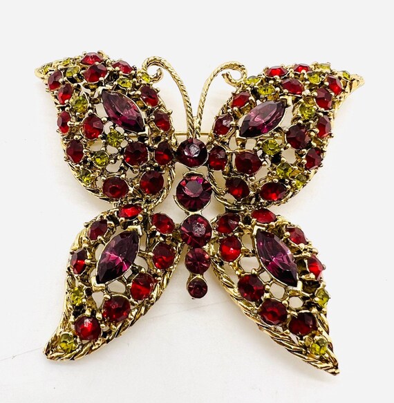 Large Jewel Tone Rhinestone Butterfly Brooch Gold… - image 5