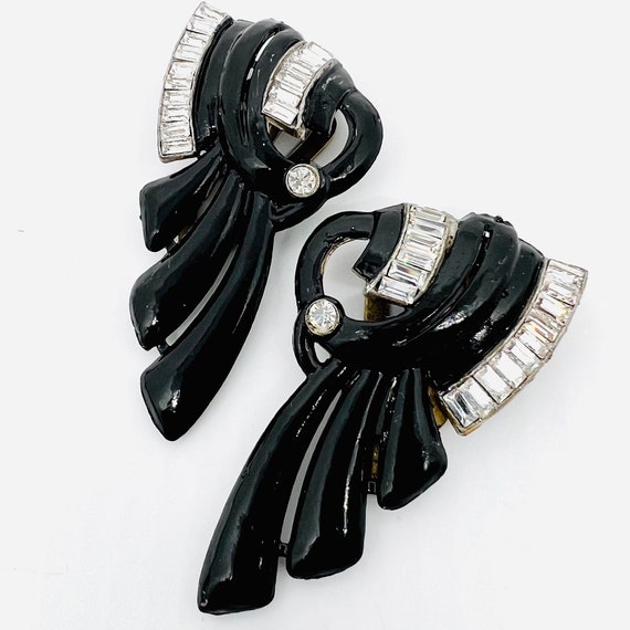 Pair Black Enamel & Clear Baguette Rhinestone Dre… - image 4