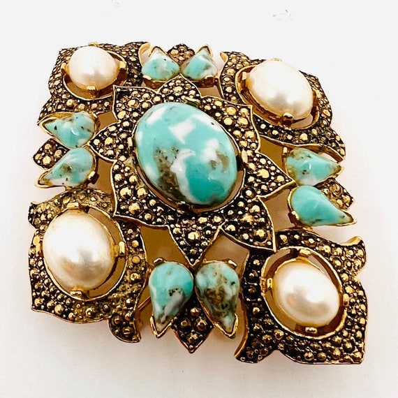 Sarah Coventry Faux Turquoise & Pearl Brooch Sign… - image 5