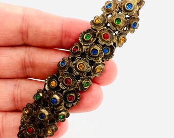 Long Art Deco Czech Multicolored Rhinestone Flowerette Brooch Vintage Jewelry