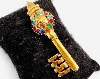 Long Capital Topped Rhinestone Skeleton Key Brooch Jewel Tone Vintage Jewelry