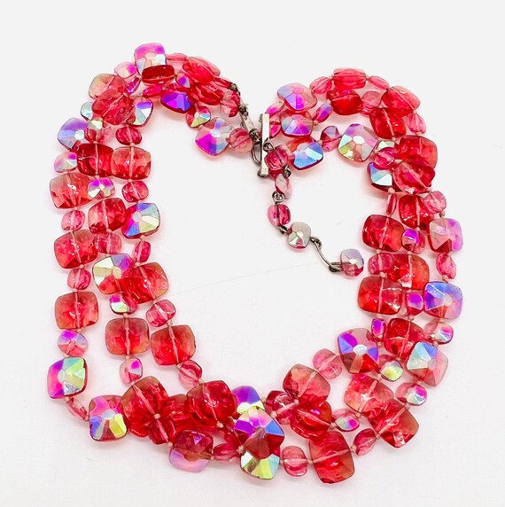 Triple Strand Beveled AB Pink Glass Beaded Bib Ne… - image 4