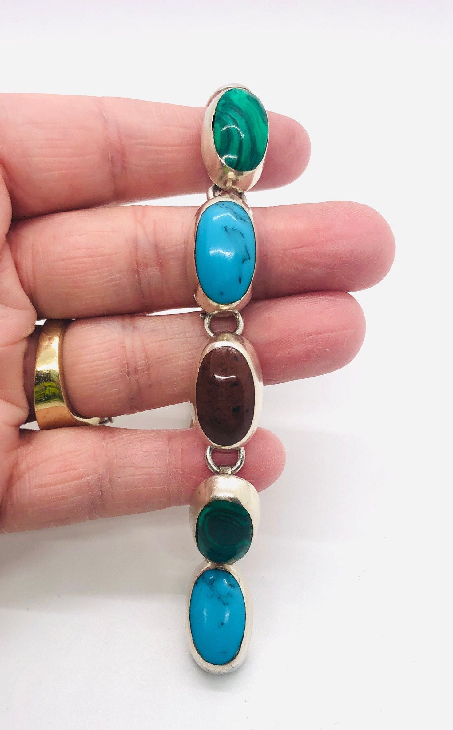 Chunky Sterling Silver Taxco Gemstone Inlay Bracelet Mexico Chunky Sterling Silver Taxco Gemstone Inlay Bracelet Mexico