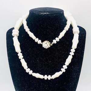 MIRIAM HASKELL White Bamboo Beaded Necklace Glass Lucite Signed Vintage Designer Jewelry