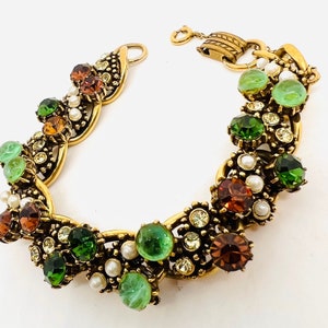Fabulous GRIPOIX Style Glass Cabochons & Rhinestone Bracelet Vintage Designer Jewelry