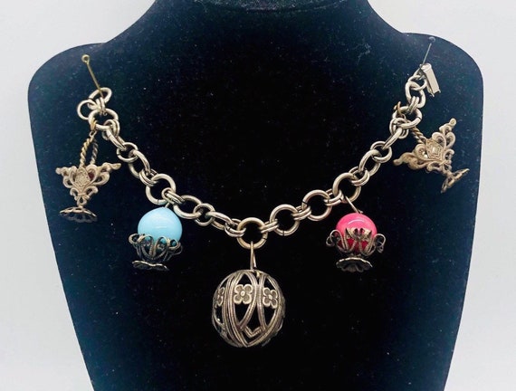 Vintage Charm Bracelet: Chunky Flower Basket & Glass Bead Charms