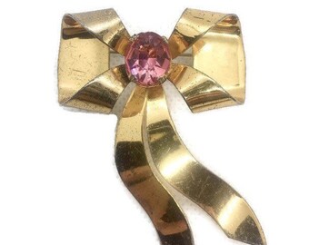 Large Sterling Silver Bow Brooch Vermeil Rhinestone Statement Vintage Jewelry