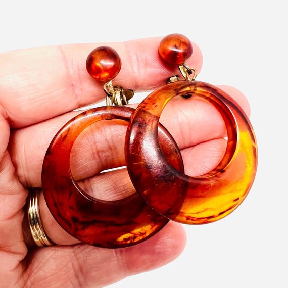 Vintage Lucite Iced Tea Drop Earrings: Long Circl… - image 1