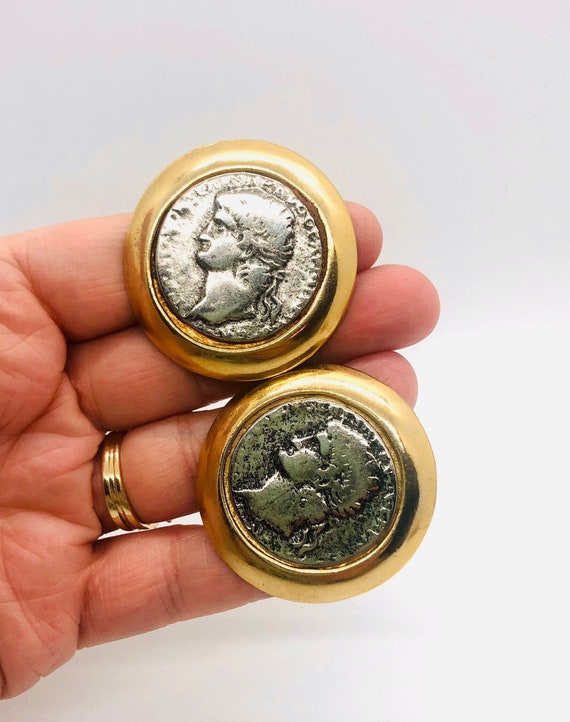 Huge Mega Faux Roman Coin Earrings 80’s Statement… - image 1