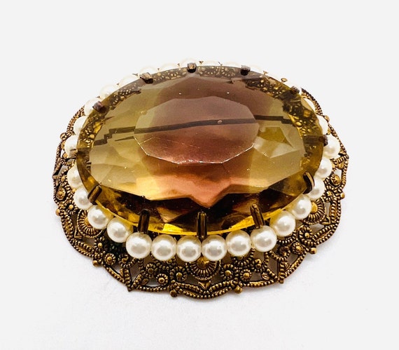 Broche Ancienne Vintage En Métal Doré Avec Cristal - Marque MOVITEX, Bijou D'occasion élégant