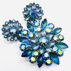 Beautiful CORO Rhinestone Brooch & Earrings Demi Frosted Blue Signed Vintage Designer Jewelry