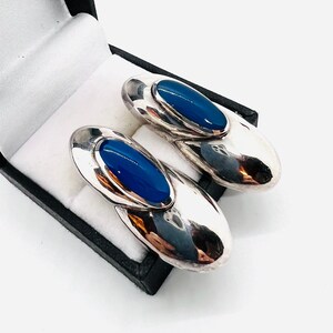 Large Sterling Silver Blue Enamel Drop Dangle Earrings 11.5gm Fine Vintage Jewelry