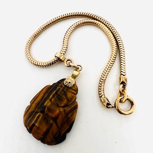 Art Deco Gold Filled Carved Tiger’s Eye Buddha Charm Bracelet Gemstone Fine Vintage Antique Jewelry