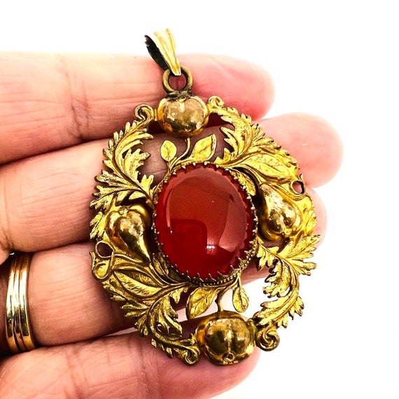 Victorian Ornate Gold Gilt Metal & Carnelian Glass Pendant Vintage Antique Jewelry