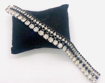 Beautiful Black and Clear Rhinestone Bracelet Rhodium Plated Vintage Designer Jewelry