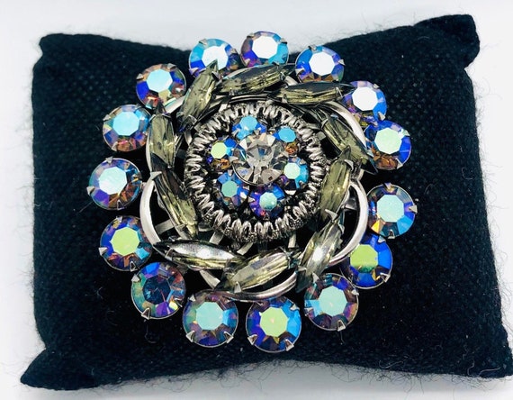 Beautiful Smoky Topaz & Blue AB Rhinestone Brooch… - image 2