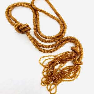 Art Deco Golden Topaz Glass Beaded Flapper Necklace 56 Inch Vintage Antique Jewelry