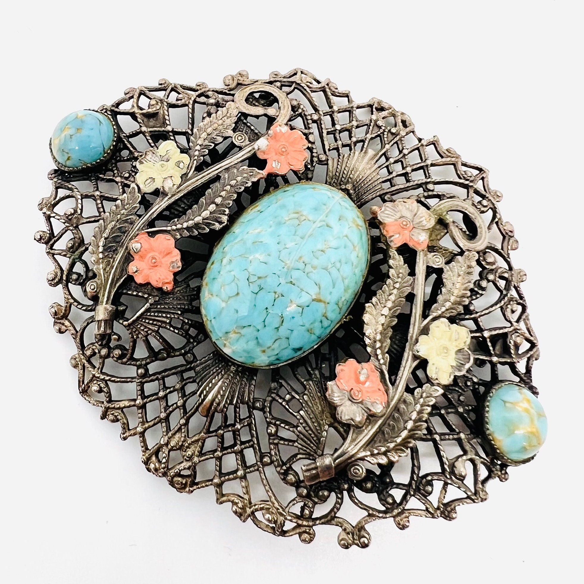 Large Czech Hubbell Glass Ornate Filigree & Enamel Brooch Vintage