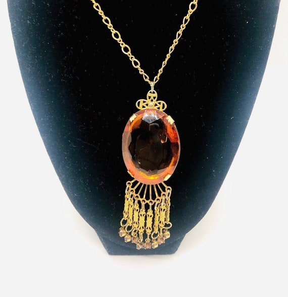 Faceted Amber Glass Necklace Rhinestone Dangles V… - image 2