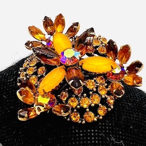 Large FLORENZA 3Dimensional Jewel Tone Rhinestone Brooch Signed Vintage Designer Jewelry