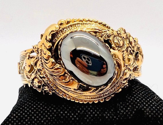 Wide Ornate WHITING & DAVIS Hematite Cabochon Ban… - image 1