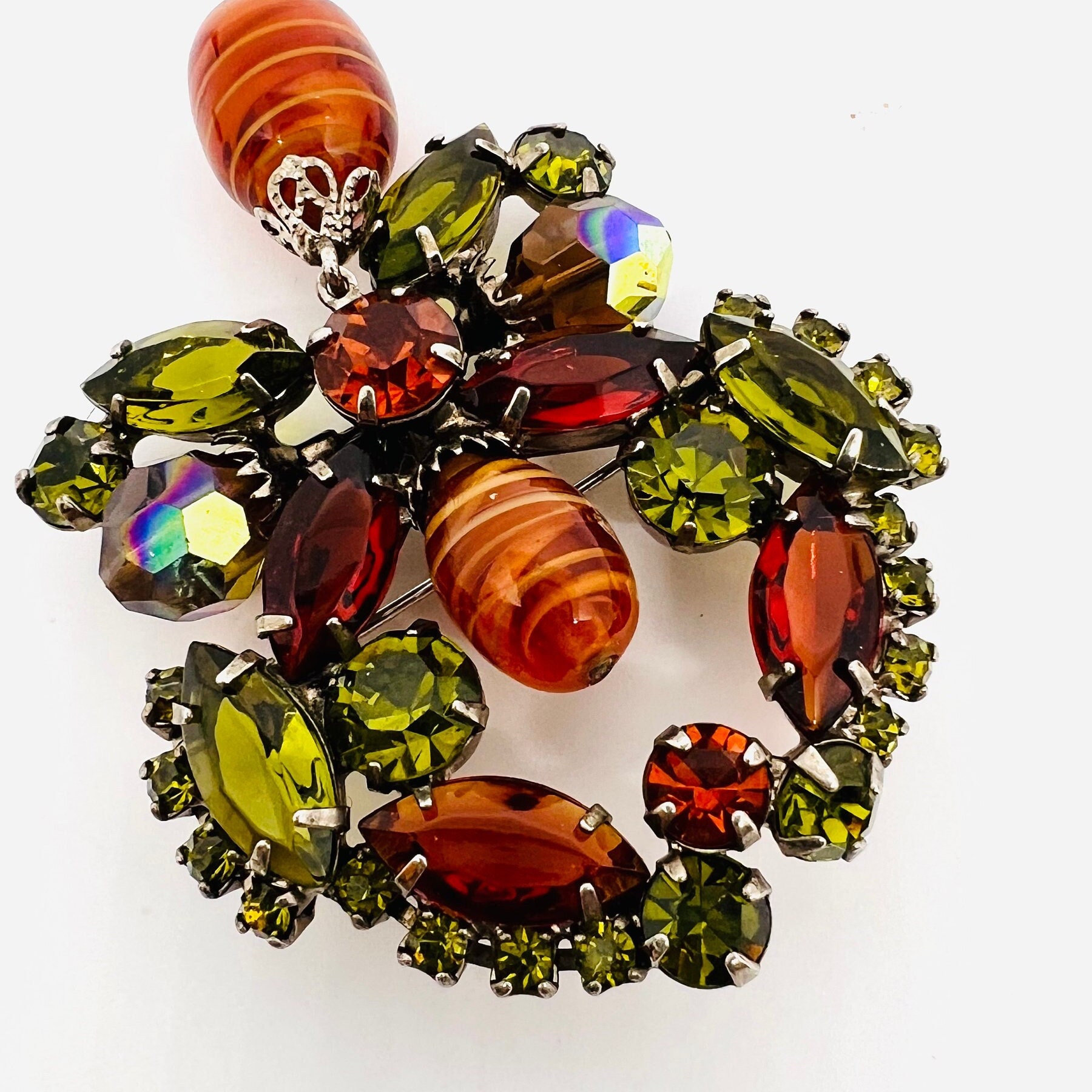 REGENCY Autumn Rhinestone & Art Glass Dangle Brooch Unsigned Vintage ...