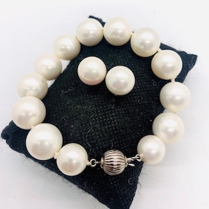 Chunky Sterling Silver & Glass Pearl Beaded Bracelet Earrings Fine Vintage Designer Jewelry