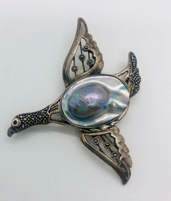 Large Sterling Silver Marcasites & BLISTER PEARL … - image 2