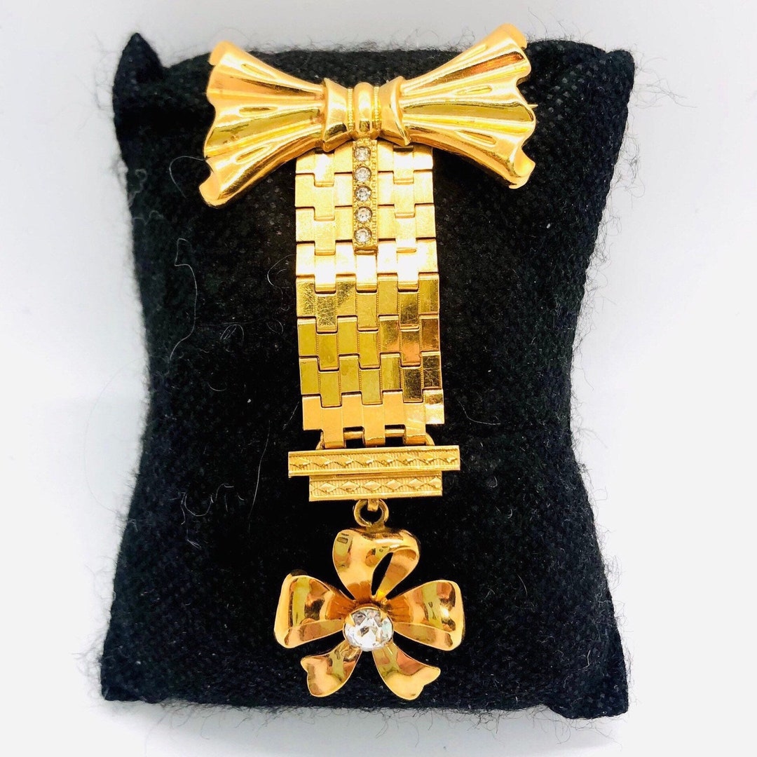 Long Gold Filled Mesh Watch Pin Brooch Dangling Heart Rhinestone Fine ...