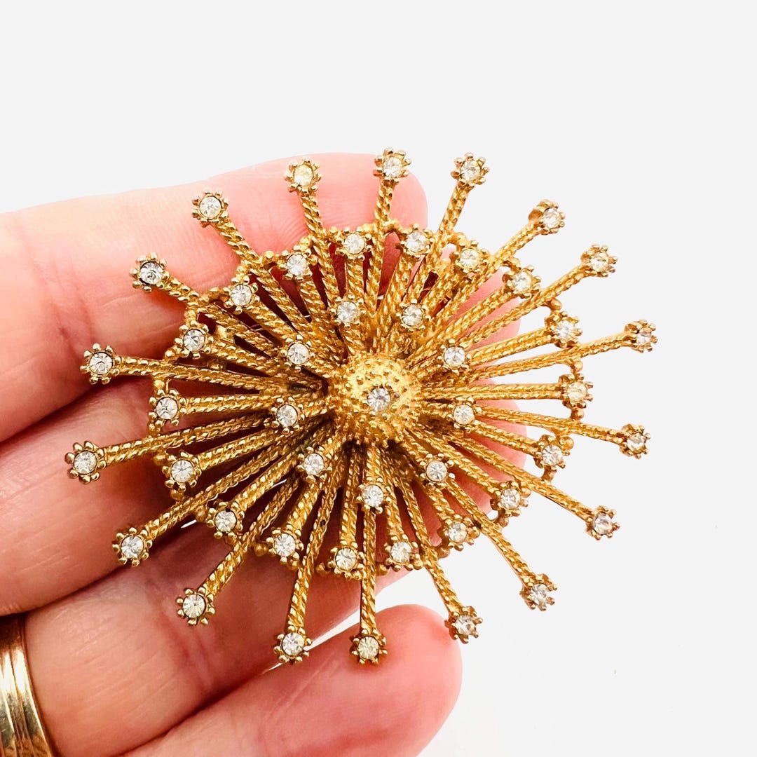 SPUTNIK Textured Raised Gold Tone & Rhinestone Brooch Vintage Designer ...