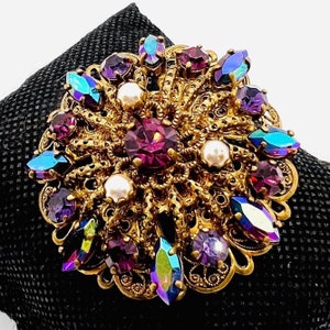 WEST GERMANY Filigree Amethyst & AB Rhinestone Brooch Signed Vintage Jewelry
