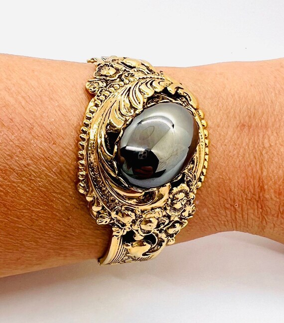 Wide Ornate WHITING & DAVIS Hematite Cabochon Ban… - image 5