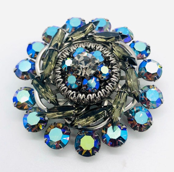 Beautiful Smoky Topaz & Blue AB Rhinestone Brooch… - image 6