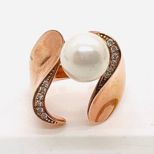Vintage Sterling Silver Rose Gold Vermeil Faux Pearl Ring - Size 8