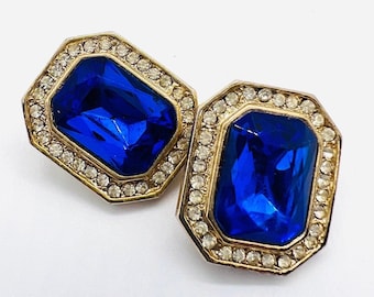 Large Blue Jewel Tone Glass & Pave Set Clear Rhinestone Earrings Vintage Designer Jewelry