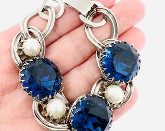 Chunky Royal Blue Headlight Rhinestone & Faux Pearl Bracelet Vintage Designer Jewelry