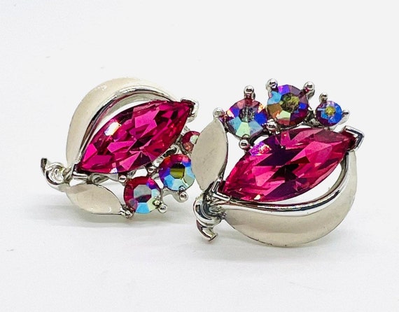 LISNER Pink Rhinestone & White Enameled Earrings … - image 4